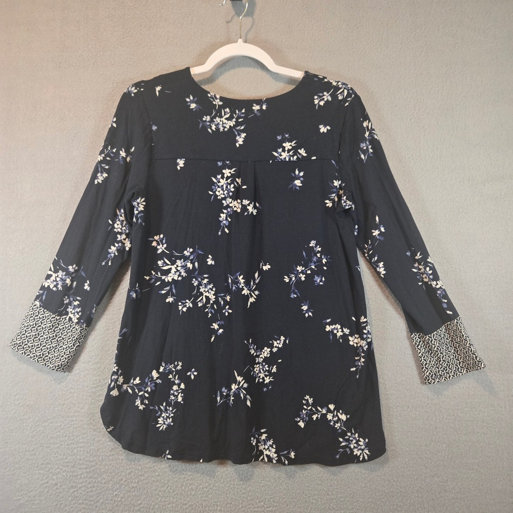 J. Jill Wearever Navy Floral 3/4 Sleeve Tunic Top V-Neck Pleated Front Small - Picture 3 of 8